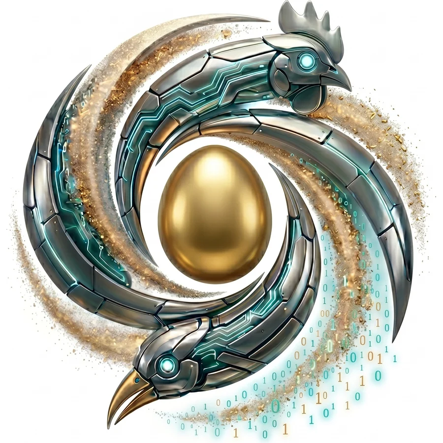 O!kurra — mechanical hens spiralling around a golden egg, trailing golden grains and binary digits